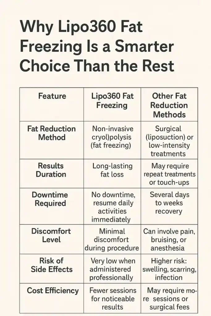 Is it possible to permanently freeze fat cells? 2 Table showing benefits of fat freezing to remove fat cells Warwickshire from Lipo 360